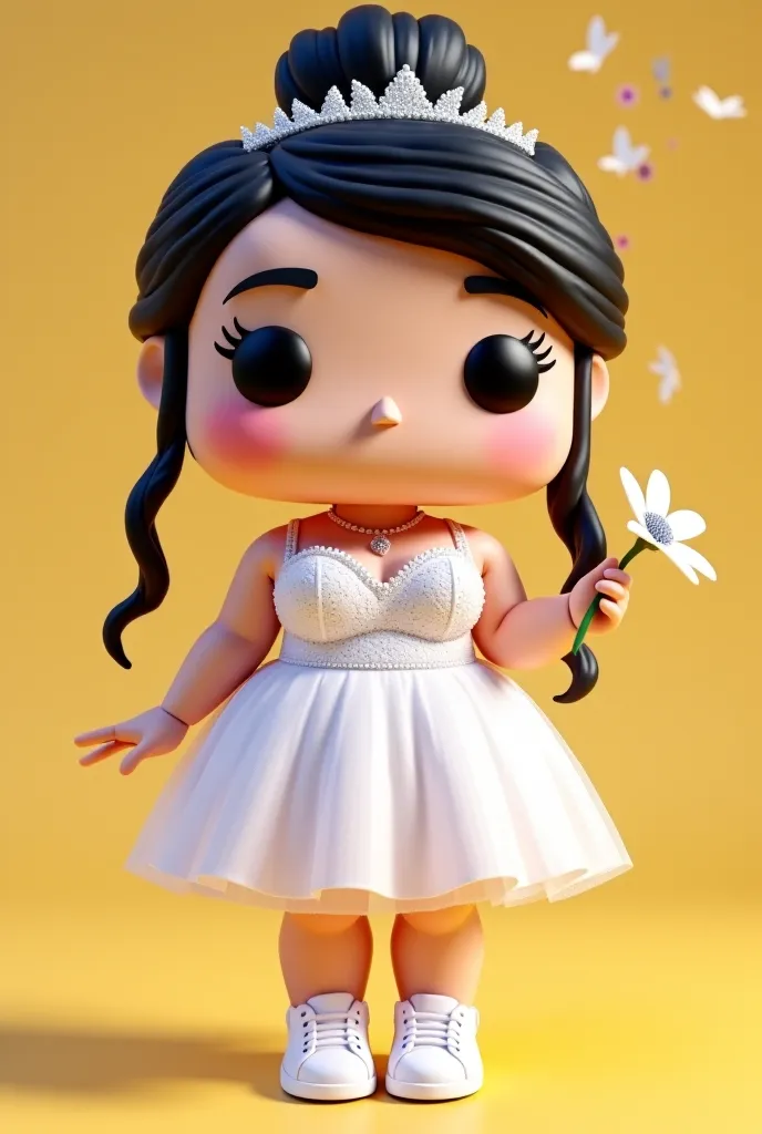 "Create a Funko Pop with stylized 3D rendering style. The character is a fair-skinned woman,Fat above "100 kilos"  overweight, hair tied with a black braid, with a bun and a thin tiara. The dress model "short" up to the knee, In white sneakers , concentrat...