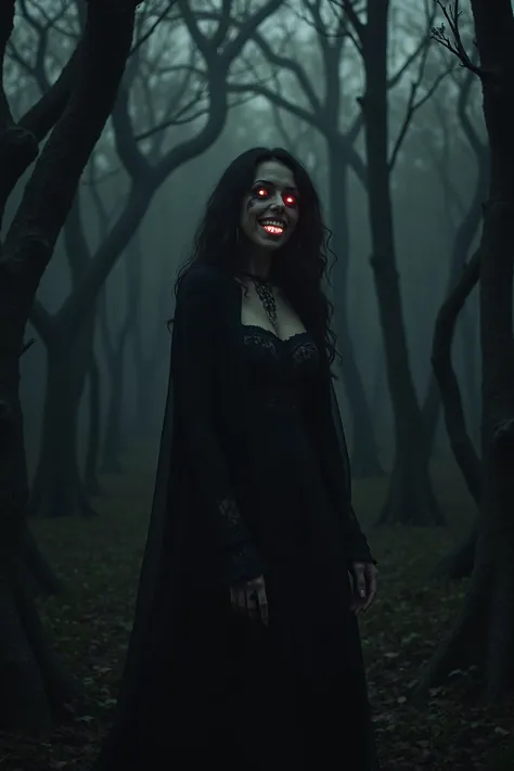 The environment is a forest with dry and twisted trees during the night at the center of the song being our main character a woman, half-demonic, body parts are completely denied as if it were a shadow, the eyes are bright and red and the smile perfectly w...