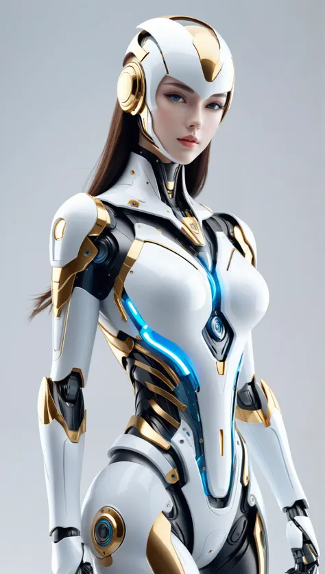 

" Feminine humanoid robot design , High , ascending,  focused entirely on the subject and the motorcycle .  The robot has a beautiful face with soft and symmetrical lines , like a goddess from mythology .  Slim and sporty body, detailed with soft curves ...