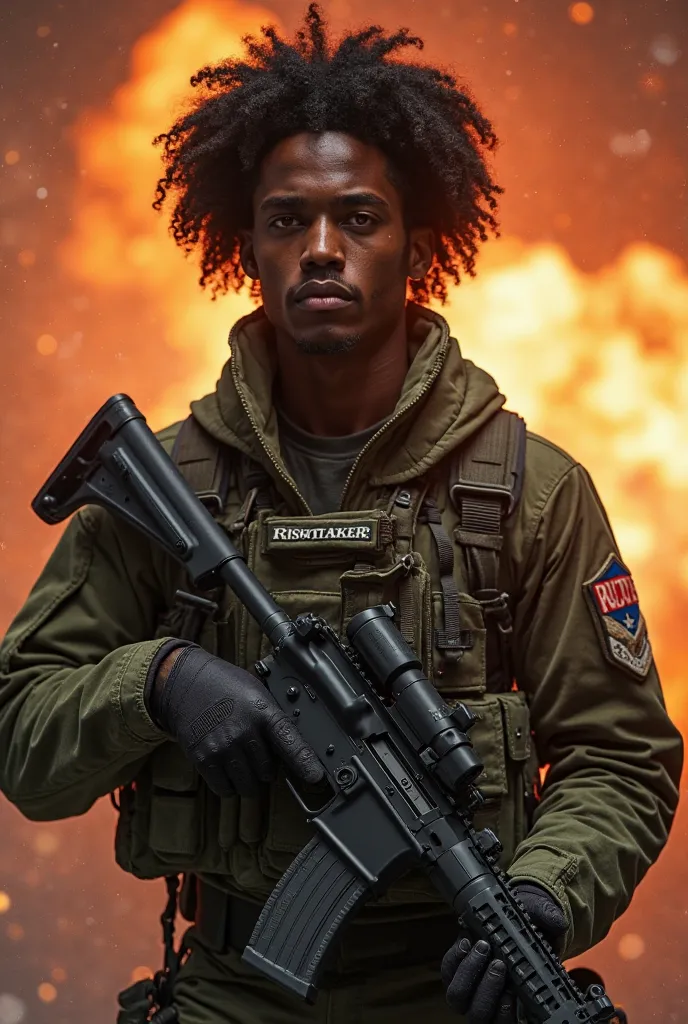 an overpowered black skin with curly hair and very handsome soldier mc with the commander rank called the risktaker as code name on an explosive backround holding the rifle and the code name risktaker on his chest