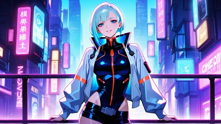 Orion, a happy, mysterious, and seductive adult man with vibrant blue hair and mesmerizing blue eyes that shine like diamonds. He stands confidently in a neon-lit cyberpunk cityscape, his expression both alluring and enigmatic. The scene is bathed in retro...