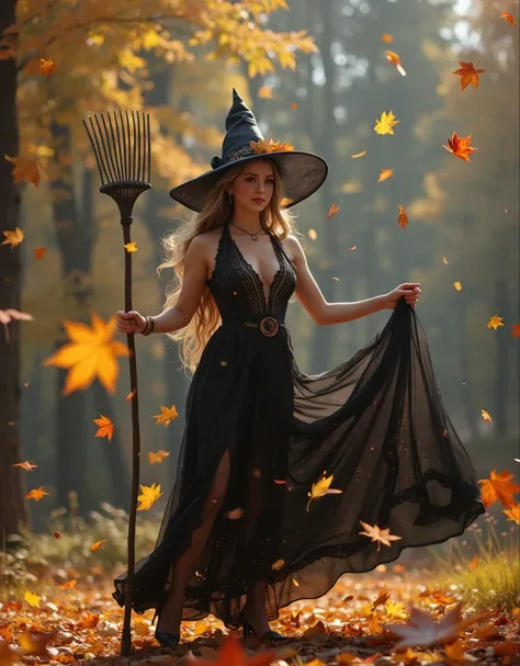 A beautiful young witch-like woman dancing a waltz in an autumn forest. She has long, flowing hair, wearing a elegant, dark dress with subtle magical details, such as glowing embroidery or faint sparkles. Instead of a broom, she holds a rake in her hands, ...