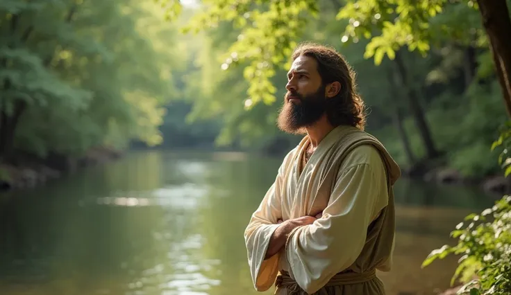 Create a hyper-HD, ultra-hyper-realistic image of Jesus standing by a calm, peaceful river, surrounded by a lush green forest. His expression is filled with peace and focus, representing His ability to hear God’s voice in nature’s silence.

