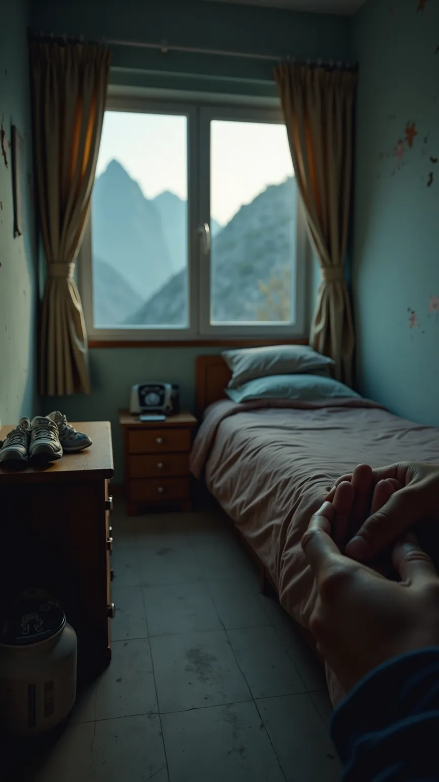 Ultra-realistic 8K resolution, first-person POV of waking up in a small, dimly lit room in Dagestan. In the foreground, the son’s hands are rubbing his eyes, with visible details like calluses on his fingers and faint dirt under his nails. The room is simp...