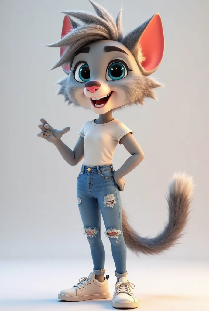 ** *"A 3D mascot character of an anthropomorphic feline , friendly, Charismatic and Happy.  wearing a three-dimensional , slightly leaning forward with spiky hair.  dressed in a t-shirt , ripped blue jeans with knee details and women's sneakers. The charac...