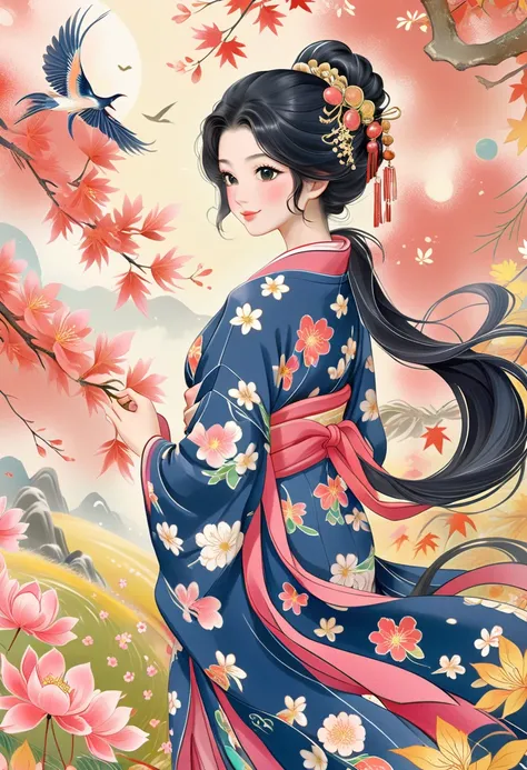 Young and beautiful woman in kimono, autumn outfit, traditional Japanese beauty embodied in kimono, pale navy blue floral pattern, bright colors, anatomically beautiful body, light black hair, round hair, hair accessories, pink lips, looking at me and smil...