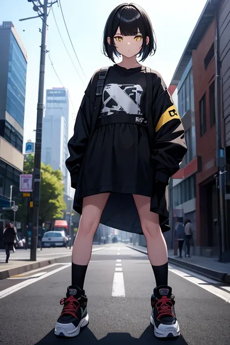  high resolution,   boyish ,   1 girl,  black hair, Sporty shortcuts,   asymmetrical hairstyle  ,  Asymmetrical bangs,   yellow eyes,  There are three circles in the middle of the eye,  Skater Style Street Fashion, slightly oversized bottoms, standing, fut...