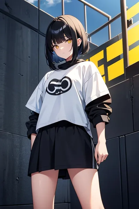  high resolution,   boyish ,   1 girl,  black hair, Sporty shortcuts,   asymmetrical hairstyle  ,  Asymmetrical bangs,   yellow eyes,  There are three circles in the middle of the eye,  Skater Style Street Fashion, slightly oversized bottoms, standing, fut...