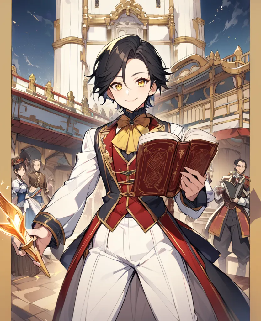 thin man,high, athletic body design, Victorian clothes, medium stripped black hair,  yellow-colored eyes, mischievous smile, holding a spell book, Imperial Scenery, Fantasy 