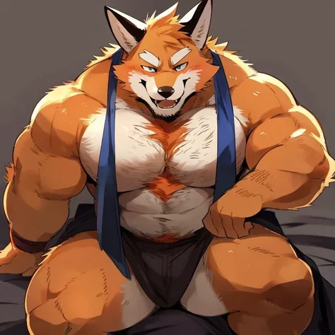 fox, furry, orange fur, handsome, very muscular, very big, extremely hot and sexy, beard, hair, chest hair, charming eyes, solo, male, happy expression, daddy, full body, big body, clothes, middle aged, by hyaku, by darkgem, by glitter trap boy