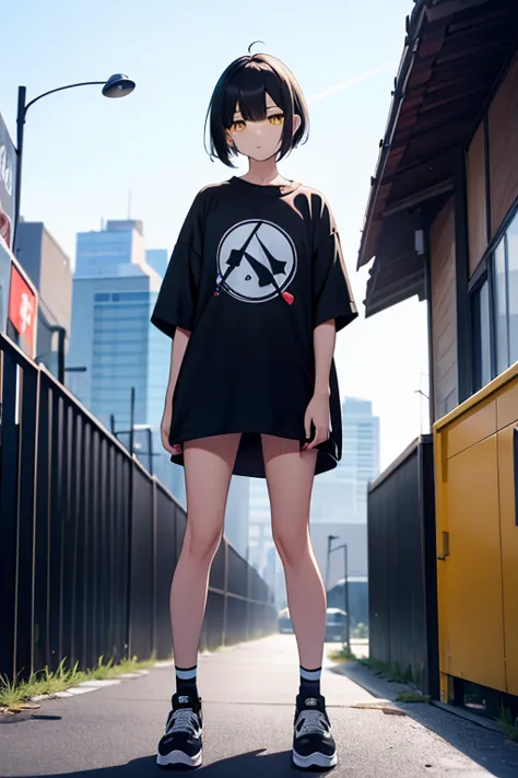  high resolution,   boyish ,   1 girl,  black hair, Sporty shortcuts,   asymmetrical hairstyle  ,  Asymmetrical bangs,   yellow eyes,  There are three circles in the middle of the eye,  Skater Style Street Fashion, slightly oversized bottoms, standing, fut...