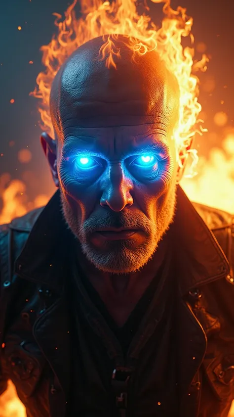 Very intricate highly detailed 8k ultra-high definition cinema lighting marvel's ghost rider with blue flaming eyes looking at the camera as a selfie flames in background