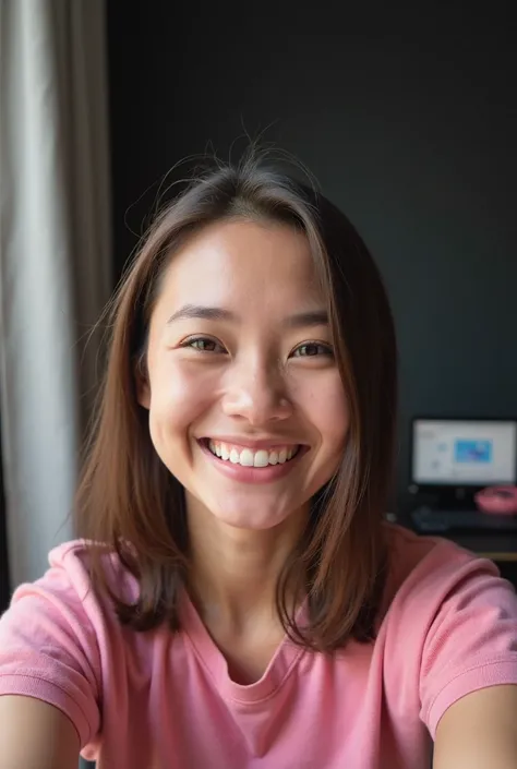 smiling woman in pink shirt taking selfie with camera in front of window, 8k selfie photograph, happily smiling at the camera, twitch streamer, winking at the camera, selfie shot straight on angle, smirking at the camera, in front of a black background, sm...