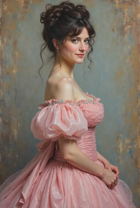 full body oil painting of a 23 years old victorian woman, with dark hair and gray eyes, wearing a soft pink demure victorian ball gown, looking over her sholder. She has kind eyes and a little smile in her face. Her hair is up in a bun. rich, textured stro...