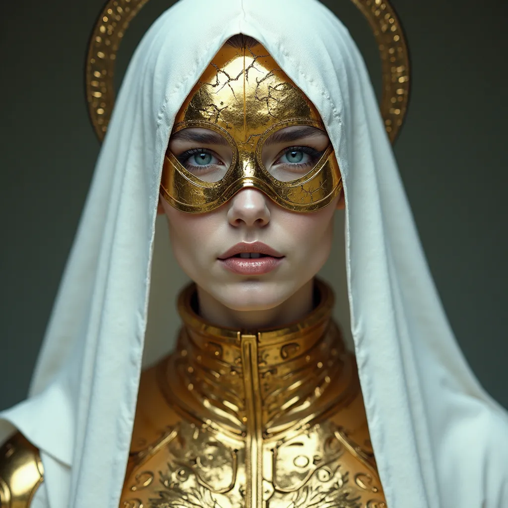 The image presents a female figure with a futuristic and luxurious look. She wears a metallic gold mask that covers part of her face, highlighting her intense blue eyes. Her lips are also painted gold, harmonizing with the mask and the metal-looking neckla...