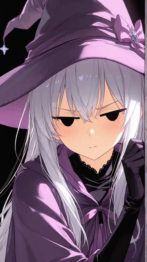   An anime HD movie scene of a mysterious 20 year old long silver hair female witch with bright light purple eyes wearing high detailed purple medieval clothes with black details and a purple witch hat with black details  while leaning against the wall wit...