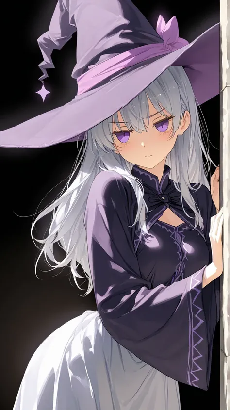   An anime HD movie scene of a mysterious 20 year old long silver hair female witch with bright light purple eyes wearing high detailed purple medieval clothes with black details and a purple witch hat with black details  while leaning against the wall wit...