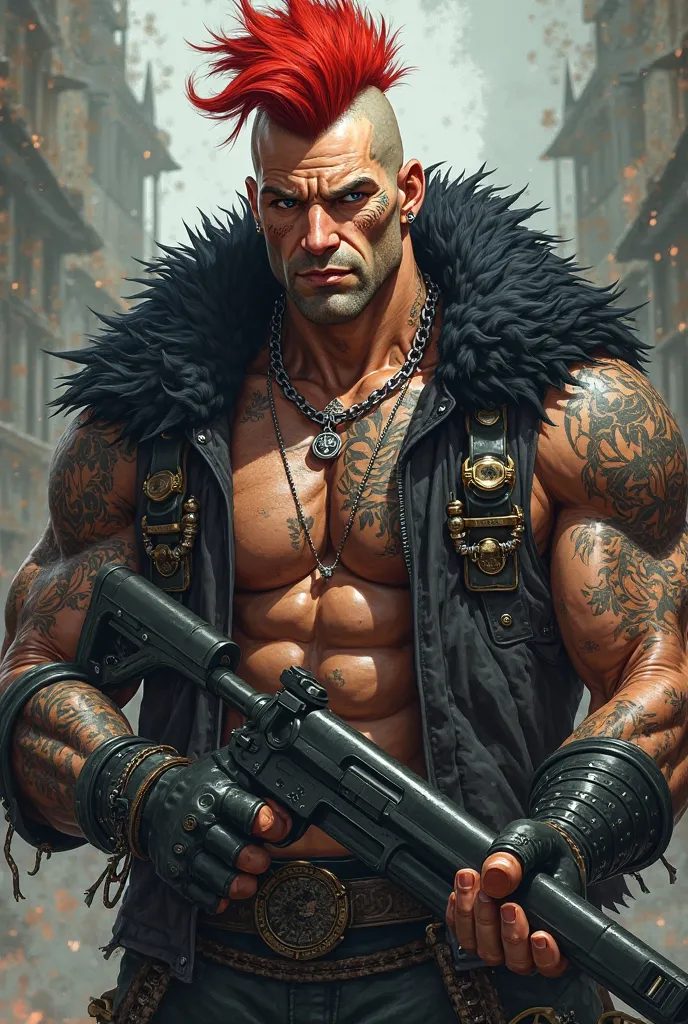  Highest quality, textured skin, Skinhead Man,Hahaha,red mohawk cutter, muscular thick and rugged body,jacket with black leather fur on bare skin,earrings,Intimidating, blank stare, goblins, anime,Dog Tags,warrior maiden tattoo,pointed ears,large shotgun,T...