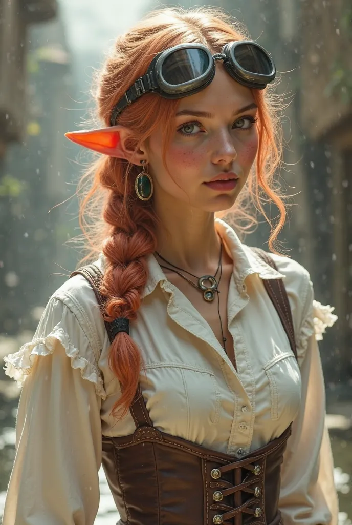 Young woman, with a tanish complextion, a few faint scars on her face and eyebags, her hair a light coral slightly curly in a braid with a pair of forge goggles over her eyes, she wears a long white shirt with a collar, and ruffles on the wrists and under ...