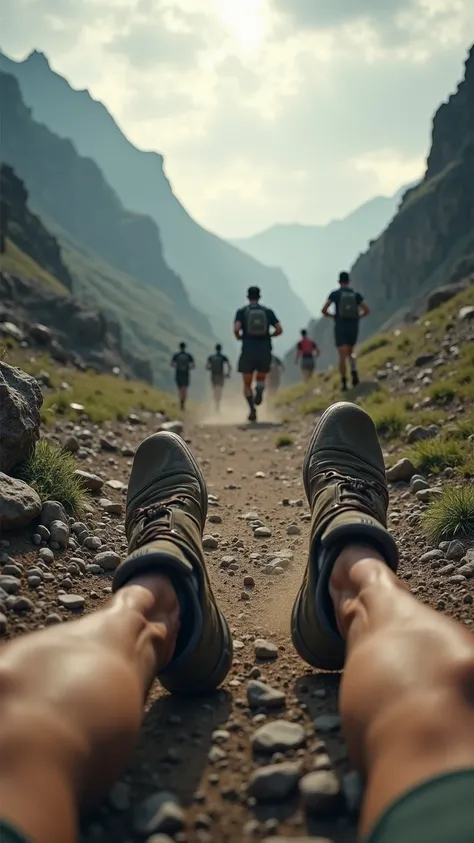 Ultra-realistic 8K resolution, first-person POV of running on a rugged mountain trail in Dagestan. In the foreground, the son’s feet are visible, hitting the rocky ground with dust kicking up. His hands swing naturally at his sides, showing calluses and di...