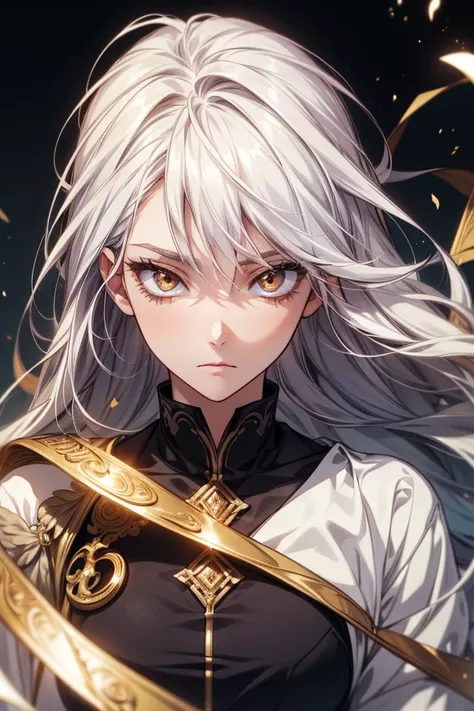 woman, female version, female, solo, alone, , somber expression, white hair, long hair, straight hair, long eyelashes, gold eyes, glowing gold eyes, high quality, 4k resolution, anime