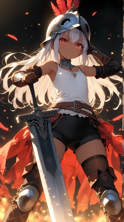 a dwarf size joyful physically thick young short dark skin small-sized girl, with short silver hair and red eyes wearing a medieval helmet with a red feather and medieval full arm gauntlets and knee height tights and a short white tank top and black shorts...