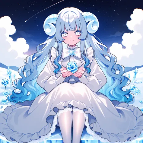 (Tsubaki Tsubaru:1.0),(Yumenouchi :0.1),( Kamikura Eku :0.1), 1girl , colorful, flower, ice flowers, ice rose, frozen, Alone, long hair, lolita, white lace tights, white lolita, white eyes, holding ice rose, wavy hair, long sleeves, lace, candy, smile, leg...