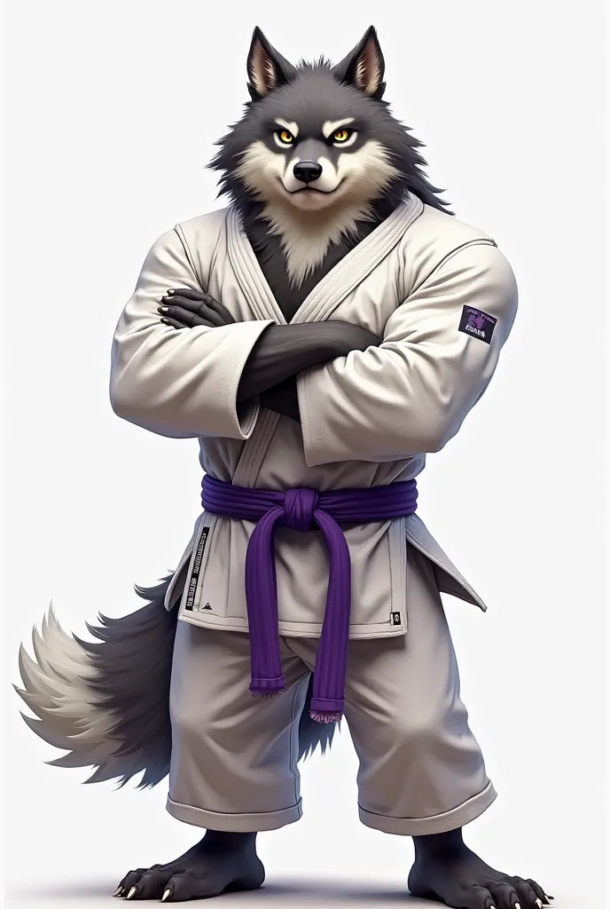 "A strong and imposing anthropomorphic wolf, wearing a white jiu-jitsu kimono with subtle details in black. He wears a purple band tied tightly around the waist, indicating your advanced level. His fur is a mix of shades of gray and white, with penetrating...