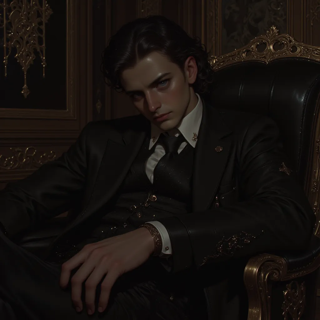 
A Anatomically Correct, High Resolution, German-British man, 34, lean, handsome with fair skin, sharp aristocratic features, and slightly wavy black hair, black eyes. He sits confidently in a luxurious black leather armchair in a psychoanalyst’s office, d...