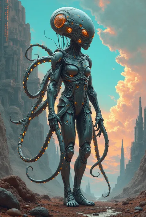 octopus human body ,  Whole body,  in a dystopian futuristic environment , like another planet , dystopian futuristic environment with artificial intelligence colors. in High Resolution