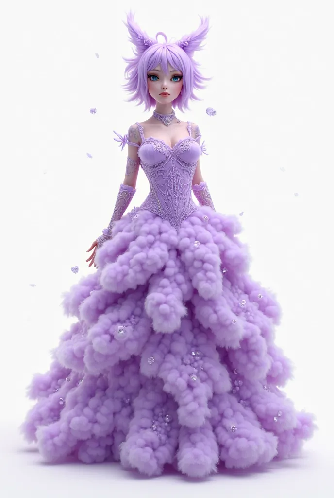 Design a purple fluffy pubg mobile dress and put it on a pubg character and make a white background 