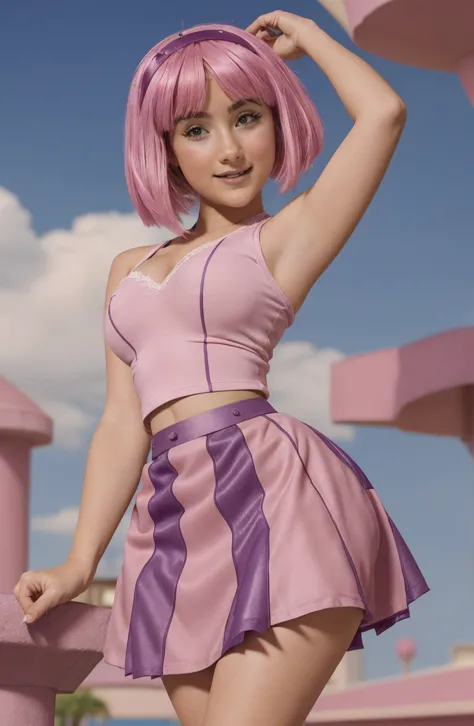 (((  girl))) ,( sexy girl), short lilac miniskirt and lace tights, Stephanie from lazy town High quality ,pinky hair,((Skirt lifting)), (curvilinear,  deep neckline), big breasts, High quality, half-naked,