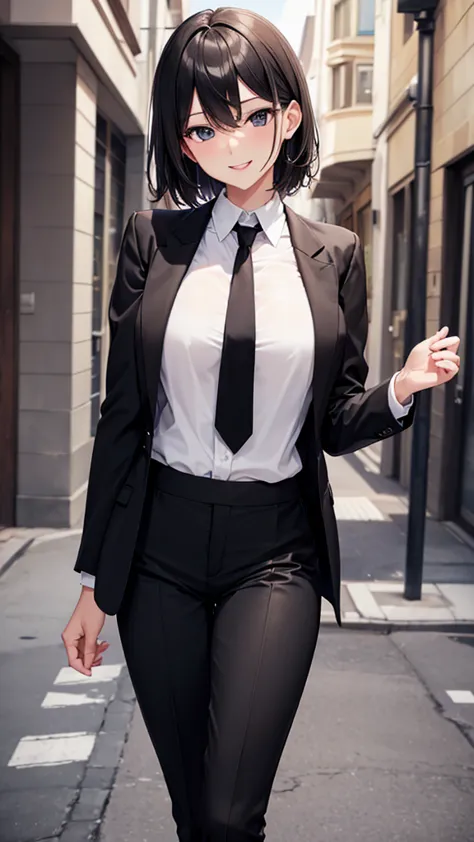 Sexy older sister wearing a white cutter shirt　　 　　I'm wearing a black tie　black suit trousers　A radiant smile　 high resolution　 HD