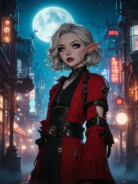 female elf, medium length silver white hair, blue eyes, black choker, red jacket, black shirt, red lips, black makeup. City at night background. full moon.