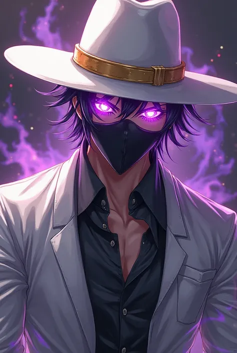  Create an anime-style male character, white cowboy hat with gold buckle,  black mask,  flaming eyes in the color purple,  long sleeve white shirt, This character must be liking.