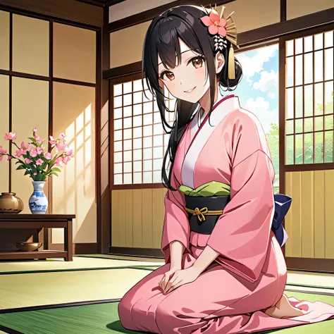  orbital space、Sunshine、peach flowers in a vase、The interior of a Japanese house、 tatami room、Beautiful girl wearing a pink kimono、seiza、Black Belt、smiles、Long black hair tied、Gorgeous golden hair ornament、brown eyes、 glitter、 Anime Girl、Highest quality、HD...