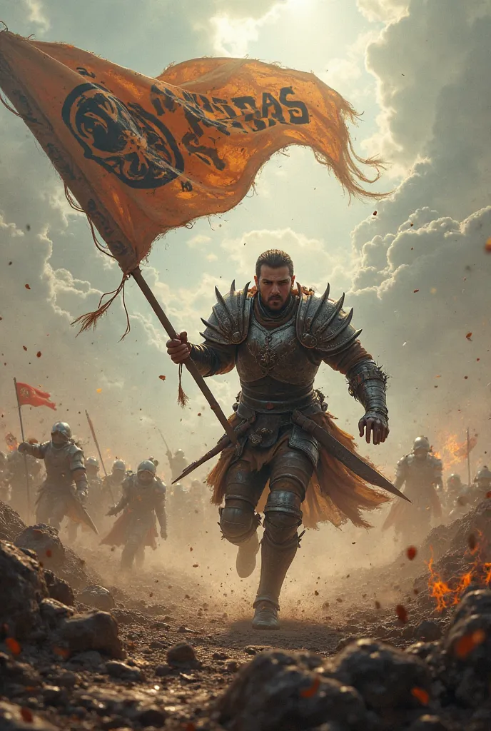 A dynamic scene of a warrior running swiftly through a battlefield, carrying a banner with the name 'Maersalalhasbaz,' with dramatic clouds and light in the background.