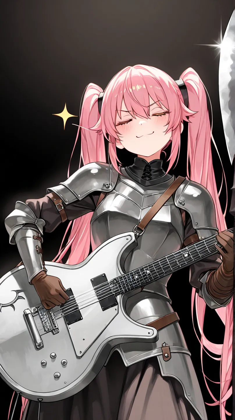 HD anime scene of a small 20 year old girl with pink twintail hair wearing a brown medieval leather armor while leaning against her large axe shaped black metal guitar doing a rock sign with a smug expression, black background,  high detail, high quality, ...