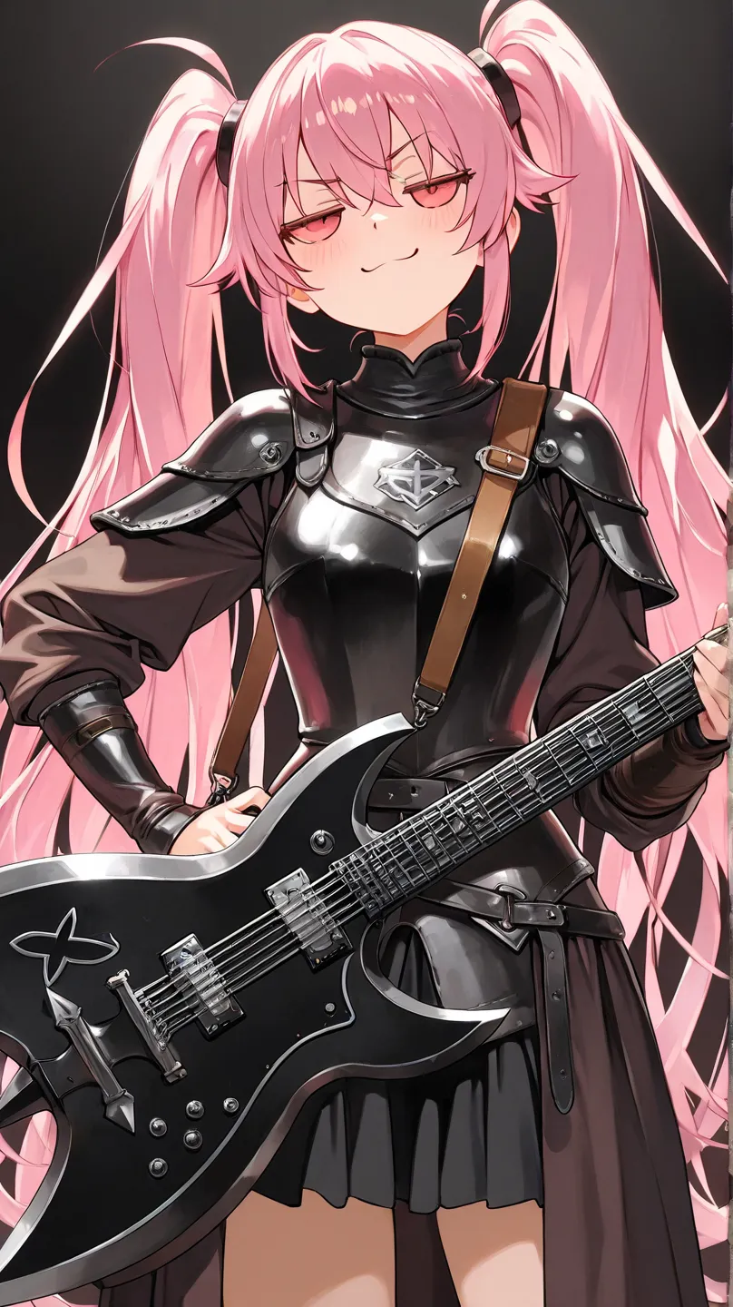 HD anime scene of a small 20 year old girl with pink twintail hair wearing a brown medieval leather armor while leaning against her large axe shaped black metal guitar doing a rock sign with a smug expression, black background,  high detail, high quality, ...