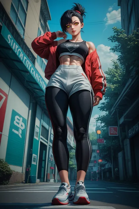  high resolution,   boyish ,   1 girl,  black hair, Sporty shortcuts,   asymmetrical hairstyle  ,  Asymmetrical bangs,   yellow eyes,  There are three circles in the middle of the eye,  Skater Style Street Fashion, slightly oversized bottoms, standing, fut...