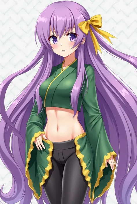 Kazuradrop from the video game Fate/EXTRA CCC looks like Sakura Matou in giantess version with very long purple hair, purple eyes, a small chest, she wears a very small green kimono with yellow edges that reaches the top of her stomach and with loose sleev...