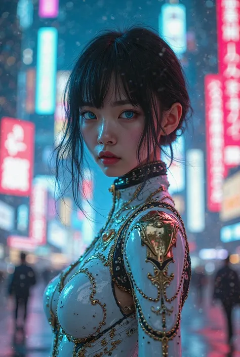 (cyberpunk style:1.4), (Asian Korean girl:1.47), (model:1.3), (black hair:1.3), 
wearing a (cyberpunk bodysuit:1.7), (white bodysuit:1.35) with (small black and golden details:1.3). 
The bodysuit features (intricate futuristic patterns:1.47), (glowing neon...