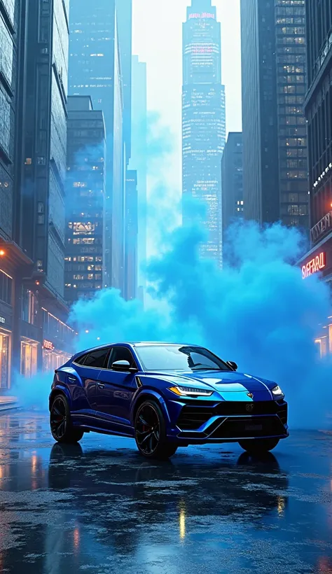 The best realistic city, metropolis, avenue. Side view, futuristic limited edition metalic blue Lamborghini Urus. Parked, not moving. Blue smoke in the background.Olhos azuis, 