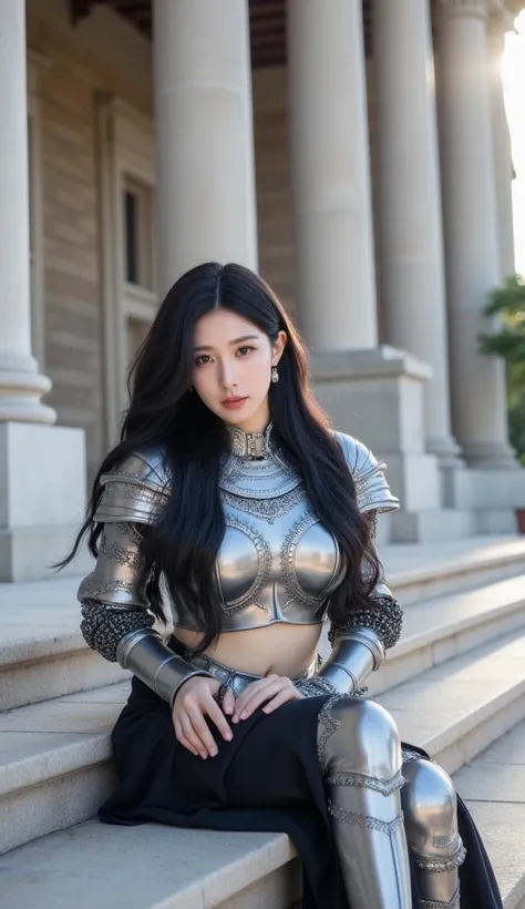 "A stunning Korean woman with fair skin and long, flowing black hair, wearing a crop armor outfit inspired by 18th-century knight attire. The armor features intricate metallic designs, covering her torso and shoulders, while her midriff is exposed. She sit...