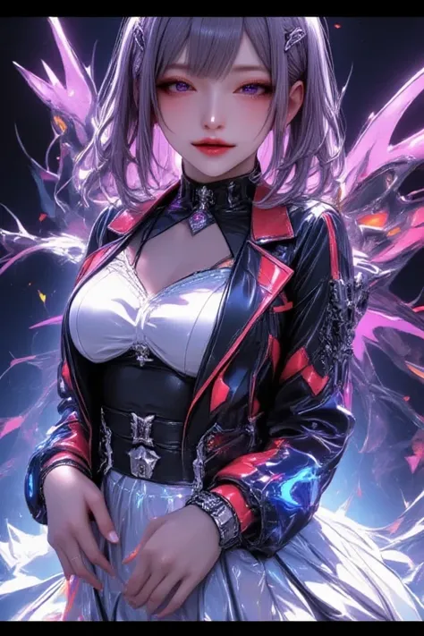 One young and beautiful woman,(Best Quality, very detailed depiction, Incredibly Absurd High Resolution ,High quality anime drawings:2.0),(Virtual idol wearing a cyber-inspired villain costume ),( Action Poses Like a Sci-fi Hero Show ),( The design combine...