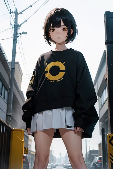  high resolution,   boyish ,   1 girl,  black hair, Sporty shortcuts,   asymmetrical hairstyle  ,  Asymmetrical bangs,   yellow eyes,  There are three circles in the middle of the eye,  Skater Style Street Fashion, slightly oversized bottoms, standing, fut...