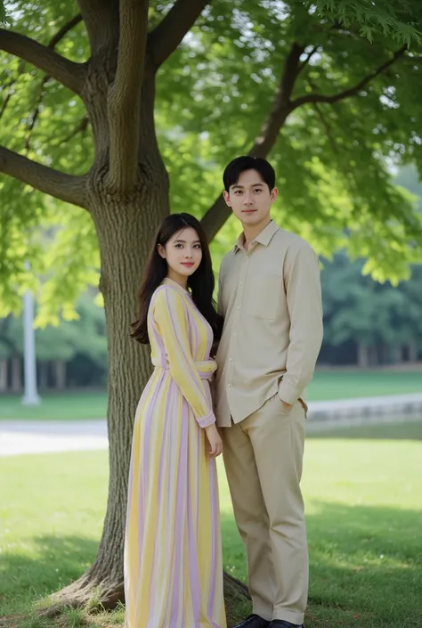 young couple standing near a large tree in the park.The woman is wearing a long sleeve dress with yellow and purple stripes, while the man is wearing a beige shirt and trousers. They appear to be facing the foreground looking towards the camera and look ha...