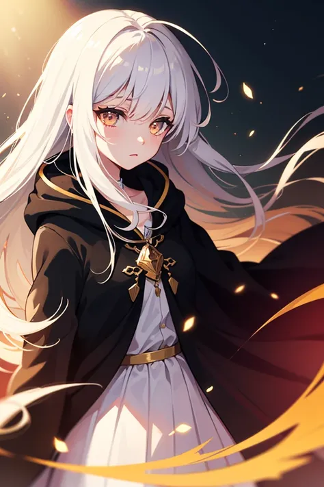 woman, female version, female, solo, alone, , somber expression, white hair, long hair, straight hair, long eyelashes, gold eyes, glowing gold eyes, black cloak, high quality, 4k resolution, anime