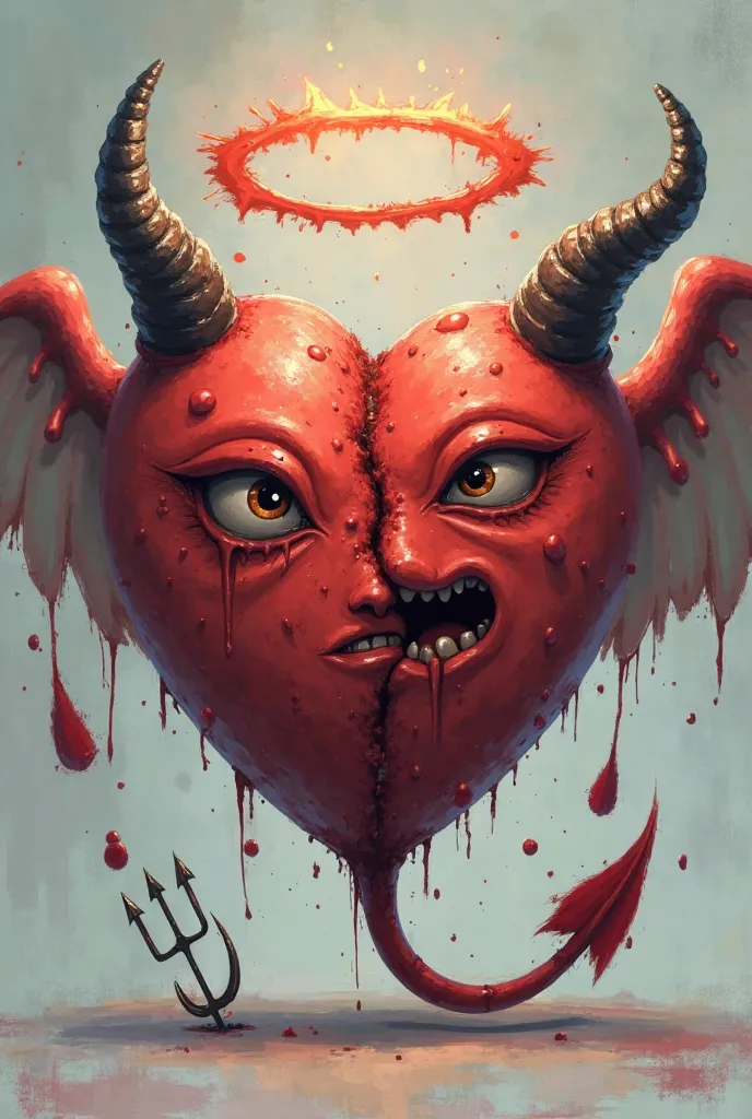 A heart broken in half, Half demon half angel with a halo, horns on both sides,With a tail and let the tail hold a trident, The heart must have a face, Half angry half happy,  animated 