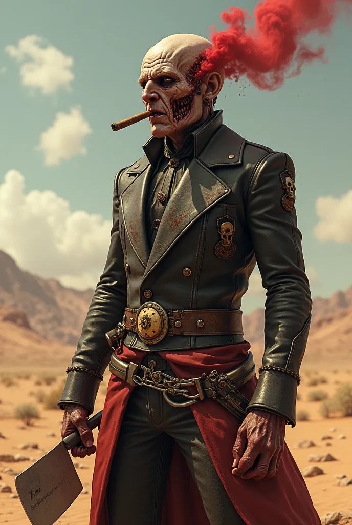 The image of a SteamPunk horror characters , Desert Scene, deformed man, with many implants throughout the body, wearing butcher's clothing from the 1920s,Smoking a cigar with red smoke coming out of the cigar , Vilanesque appearance, posture of Killer But...